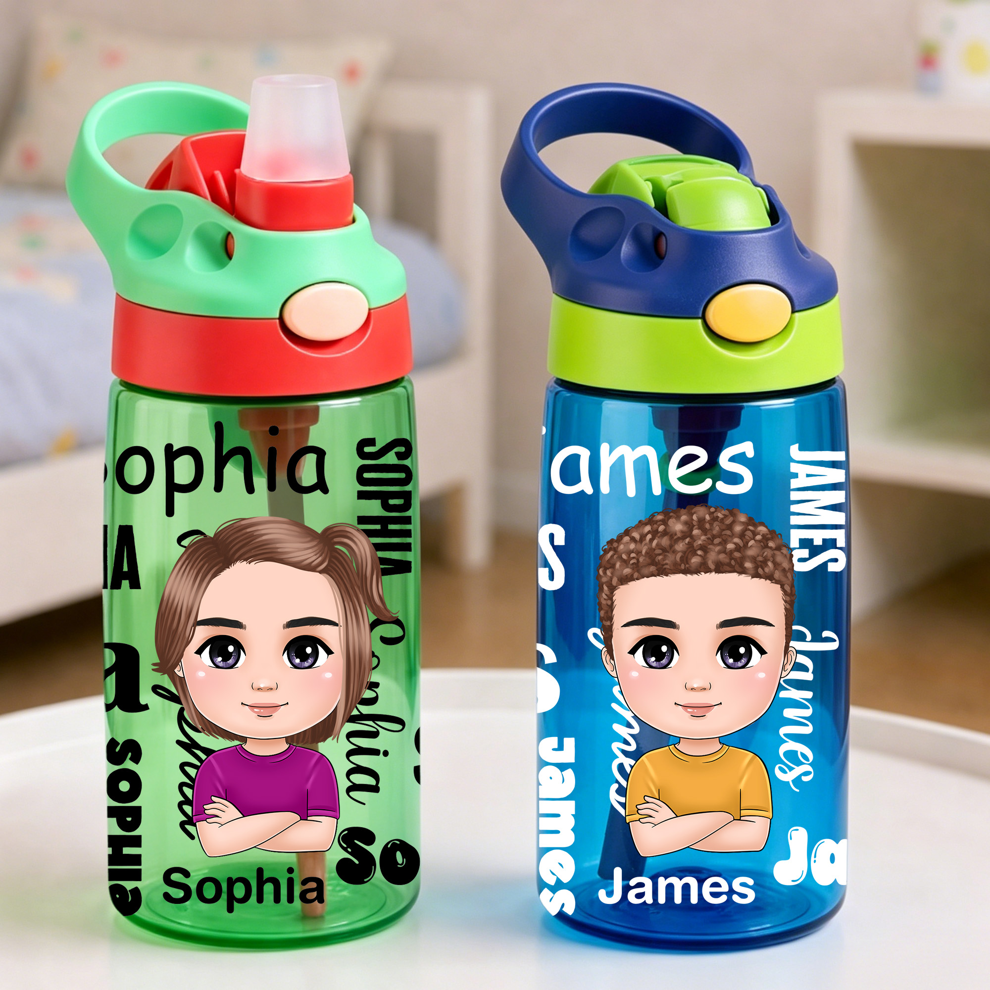 Personalisierte 16-oz-Wasserflasche mit Wortwolke aus Cartoon-Figuren, Namen und Silikonstrohhalm – Geburtstags- und Schulanfangsgeschenk für Jungen und Mädchen