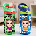 Personalised Cartoon Character Word Cloud 16 oz Water Bottle with Name and Silicone Straw Birthday Back to School Gift for Boys Girls