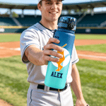 Personalised Baseball Player Silhouette Gradient Frosted Water Bottle with Name and Flip Top Lid Daily Training Game Day Gift for Baseball Player