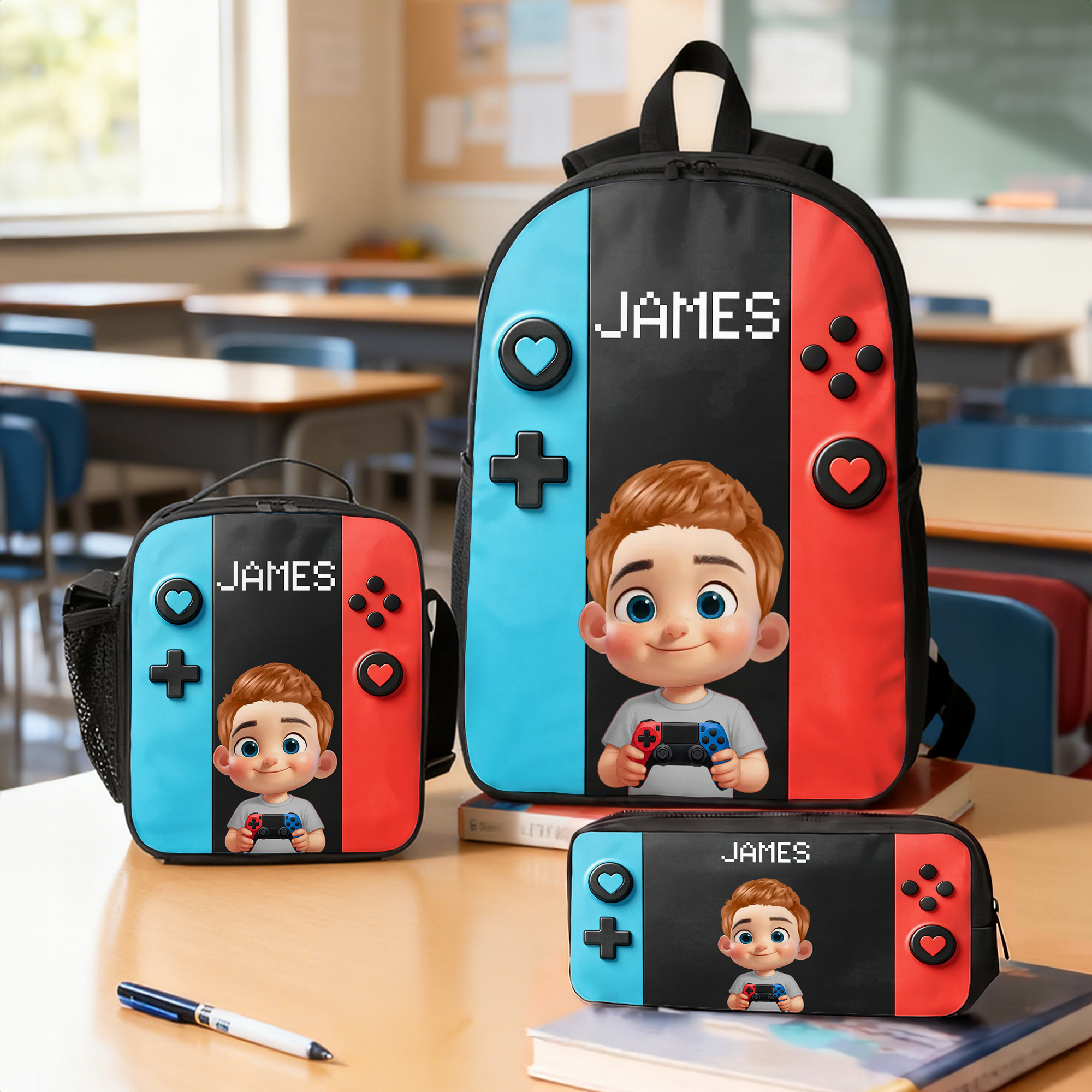 Personalisierter, bunter Rucksack mit Gamepad- und Cartoon-Motiven, Lunchbag und Federmäppchen mit Namensaufdruck – Schulanfangs-Set, 3-teilig, Geburtstagsgeschenk für Kinder