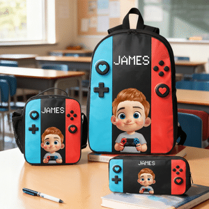 Personalized Colorful Gamepad Cartoon Character Backpack Lunch Bag Pencil Case with Name Back to School Set of 3 Birthday Gift for Kid