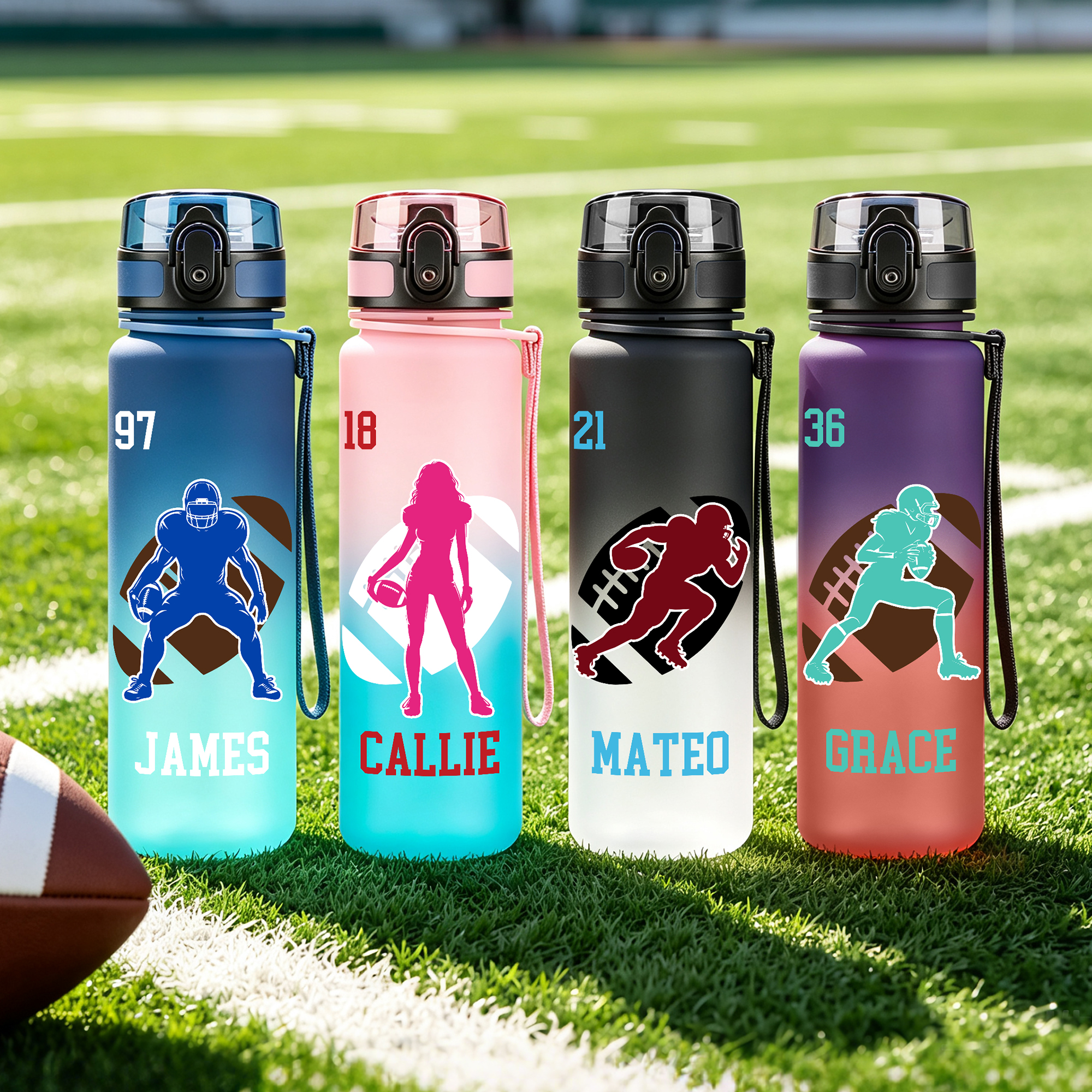 Personalisierte Sport-Trinkflasche mit Rugby-Spieler-Silhouette, Namen und Farbverlauf sowie Klappdeckel – Trainings- und Geburtstagsgeschenk für jugendliche Rugby-Fans und junge Sportler