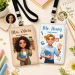 Portatessera personalizzato con foto, in stile 3D multicolore, con personaggi dei cartoni animati e testo sul retro – Regalo per il rientro a scuola e per la Festa degli insegnanti