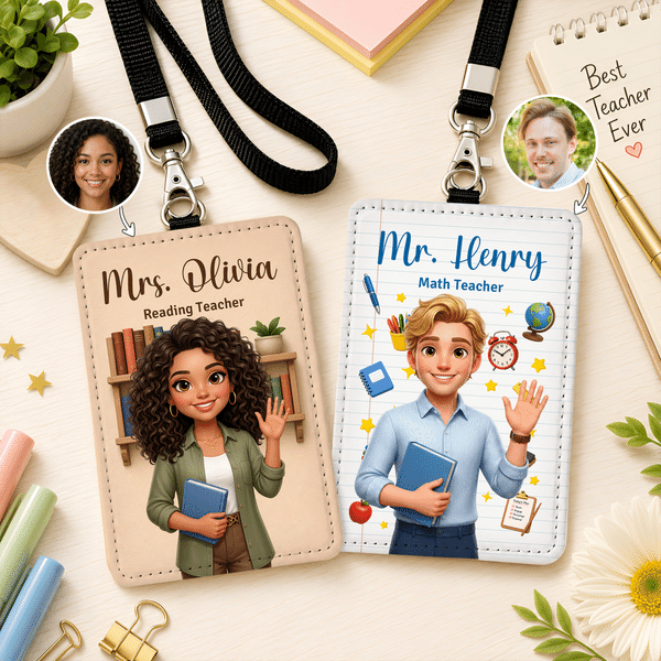 Personalised Multicolour 3D-Style Design Cartoon Character Photo ID Badge Card Holder with Text Back to School Teacher's Day Gift for Teachers