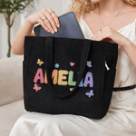 Personalized Heart Flower Oil Painting Style Name Large Corduroy Tote Bag Daily Use Birthday Gift for Women Girls