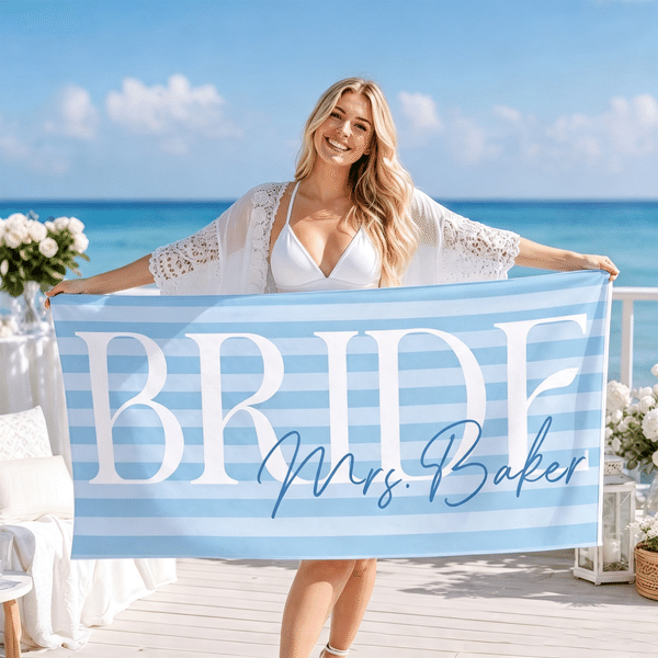Personalised Stripes Bride Quick Dry Oversized Beach Towel with Name Honeymoon Travel Wedding Gift for Bride
