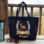 Personalised Horse Portrait Horseshoe Flower Large Capacity Corduroy Tote Bag with Name Daily Use Birthday Gift for Women Friends Horse Owners