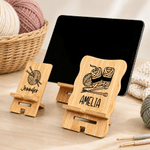 Personalized Knitted Pattern Rectangle Wavy Wooden Phone Holder with Name and Initial Desk Decor Birthday Gift for Knitting Enthusiasts