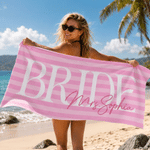 Personalised Stripes Bride Quick Dry Oversized Beach Towel with Name Honeymoon Travel Wedding Gift for Bride