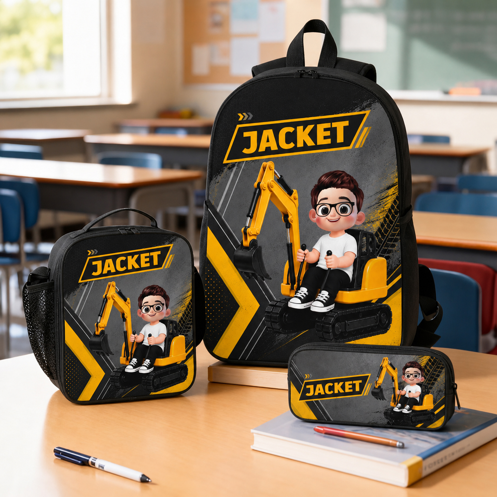 Individuell gestaltetes Set aus Rucksack, Lunchbag und Federmäppchen mit niedlichen Cartoon-Figuren (Bagger) und Namensaufdruck – Schulanfangs- und Geburtstagsgeschenk für Kinder