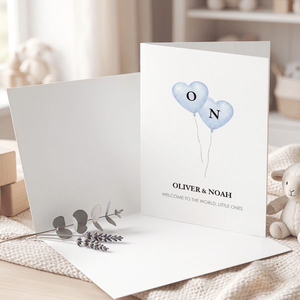Personalized Twins Hearts Balloon Greeting Card with Names and Initials Baby Announcement Shower Birthday Gift for Newborns New Parents
