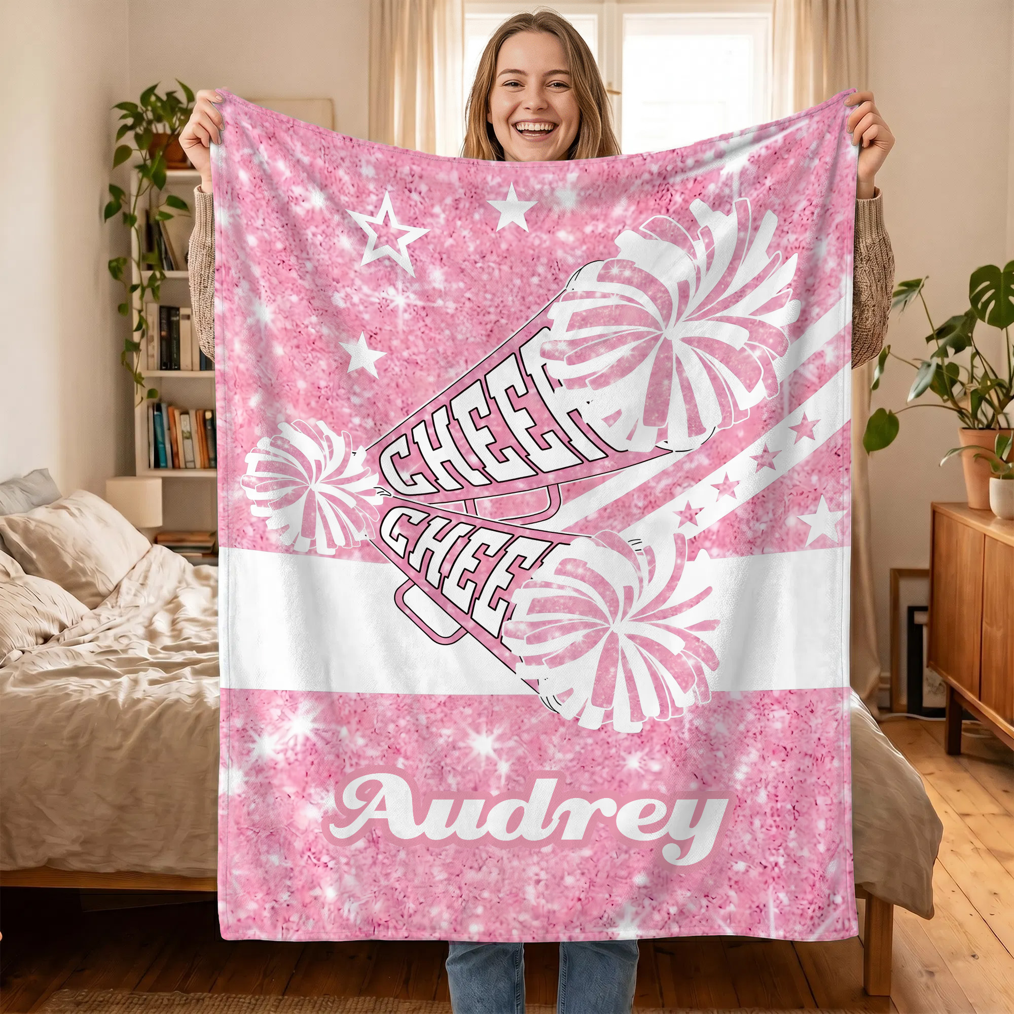 Personalisierte, mehrfarbige, glitzernde, hautfreundliche, warme Cheerleading-Decke mit Namen – Geschenk für Cheerleader zum Cheer-Camp, Geburtstag oder als Teamgeschenk