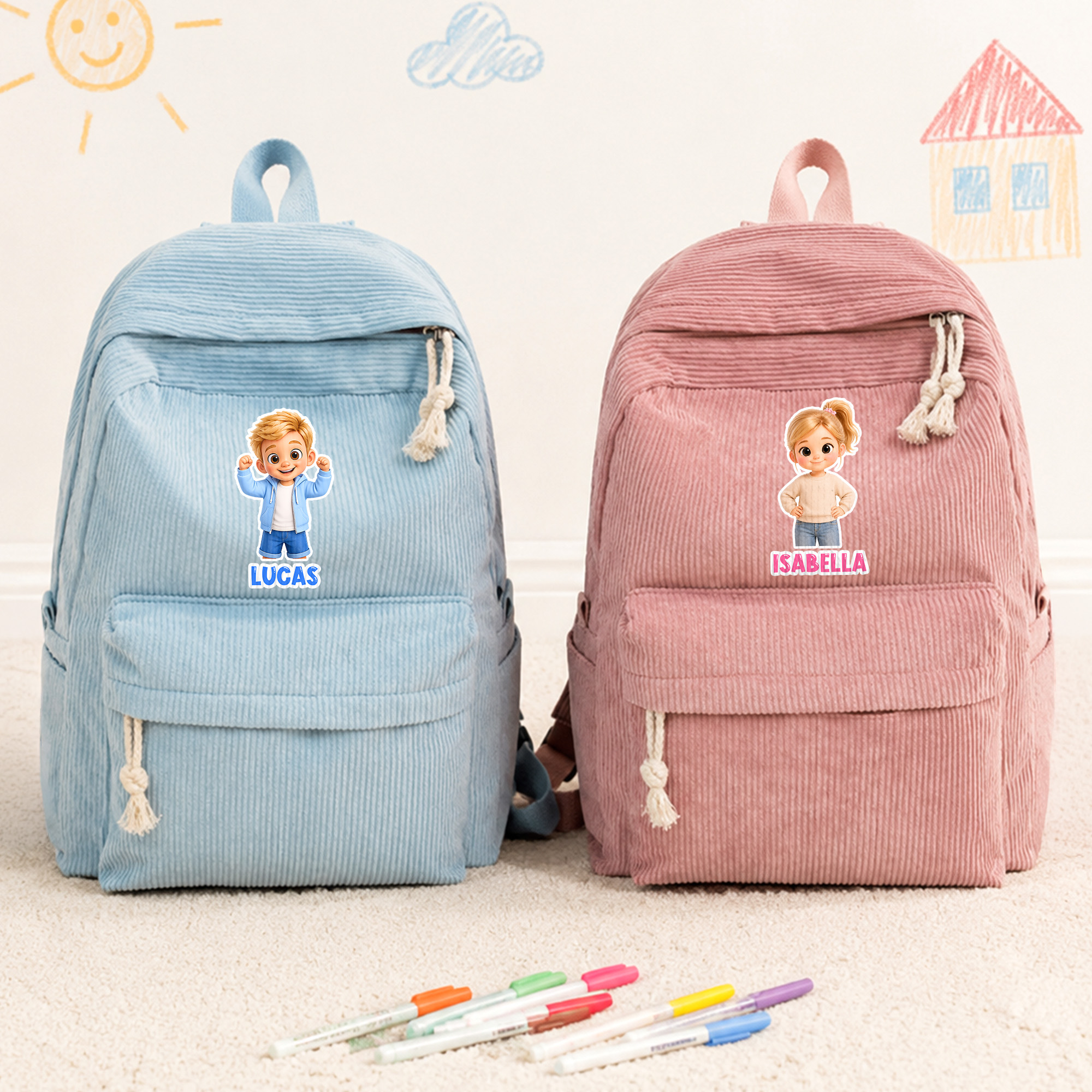 Personalisierter Cord Kinderrucksack mit Foto-Avatar & Namen | Schul- & Kindergartenrucksack | Einschulung & Geburtstag Geschenk für Mädchen & Jungen