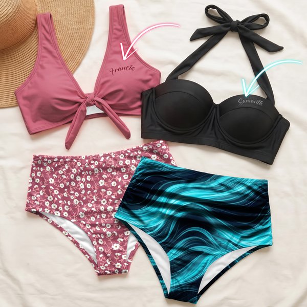 Personalisierter Retro-Bikini für Damen mit Blumen- und Leopardenmuster und Namen – Strand Sommerurlaub Poolpartys Geschenk für Frauen