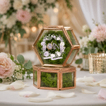 Personalized Floral Crest Hexagon Glass Ring Box with Initial and Moss Ceremony Decor Wedding Anniversary Engagement Gift for Couple