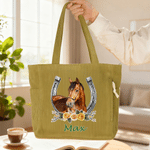 Personalised Horse Portrait Horseshoe Flower Large Capacity Corduroy Tote Bag with Name Daily Use Birthday Gift for Women Friends Horse Owners