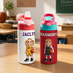 Personalised Cute Basketball Cartoon Character 12 oz Insulated Water Bottle with Straw and Name Back to School Birthday Team Gift for Kid