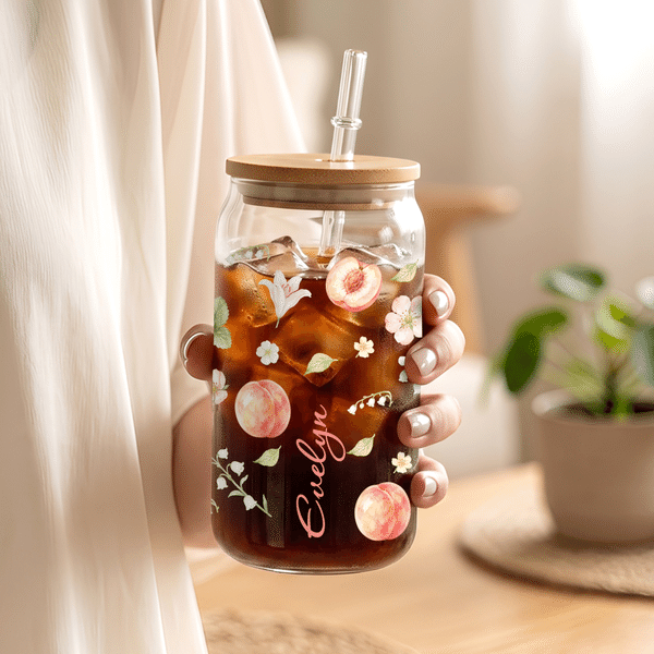 Personalised Flower Fruit 16 oz Glass Tumbler with Name Lid and Straw Summer Drink Birthday Gift for Coffee Tea Lovers