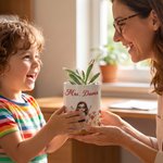 Personalized Cartoon Character Birth Flower Ceramic Plant Pot with Title Surname and Bamboo Base Teacher's Day Back to School Gift for Teachers
