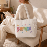 Personalized Heart Flower Oil Painting Style Name Large Corduroy Tote Bag Daily Use Birthday Gift for Women Girls