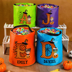 Personalised Cartoon Character Pumpkin Design LED Light Candy Bucket with Name and Initial Trick or Treat Halloween Party Gift for Girls Boys
