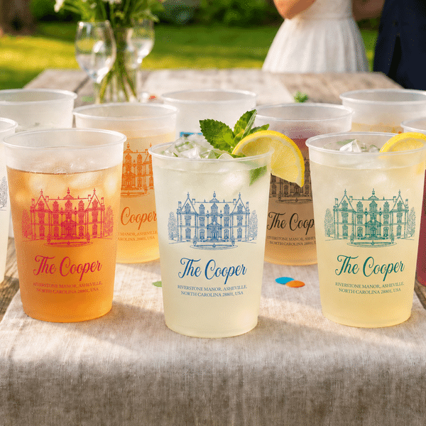 Personalized Line Style Photo Frosted Food-Grade Plastic Cup with Text and Place Set of 10 Wedding Party Gift for Bride Newlywed