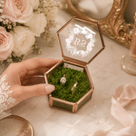 Personalized Floral Crest Hexagon Glass Ring Box with Initial and Moss Ceremony Decor Wedding Anniversary Engagement Gift for Couple
