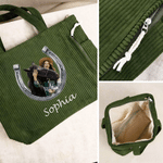 Personalised Horse Portrait Horseshoe Flower Large Capacity Corduroy Tote Bag with Name Daily Use Birthday Gift for Women Friends Horse Owners