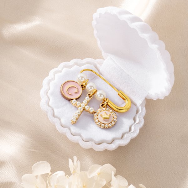 Personalised Cross Pearl Safety Brooch Pin with Initial and Pendant Sacrament Baptism Gift for Kids Women