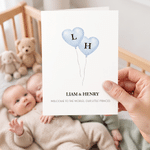 Personalized Twins Hearts Balloon Greeting Card with Names and Initials Baby Announcement Shower Birthday Gift for Newborns New Parents