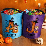 Personalised Cartoon Character Pumpkin Design LED Light Candy Bucket with Name and Initial Trick or Treat Halloween Party Gift for Girls Boys