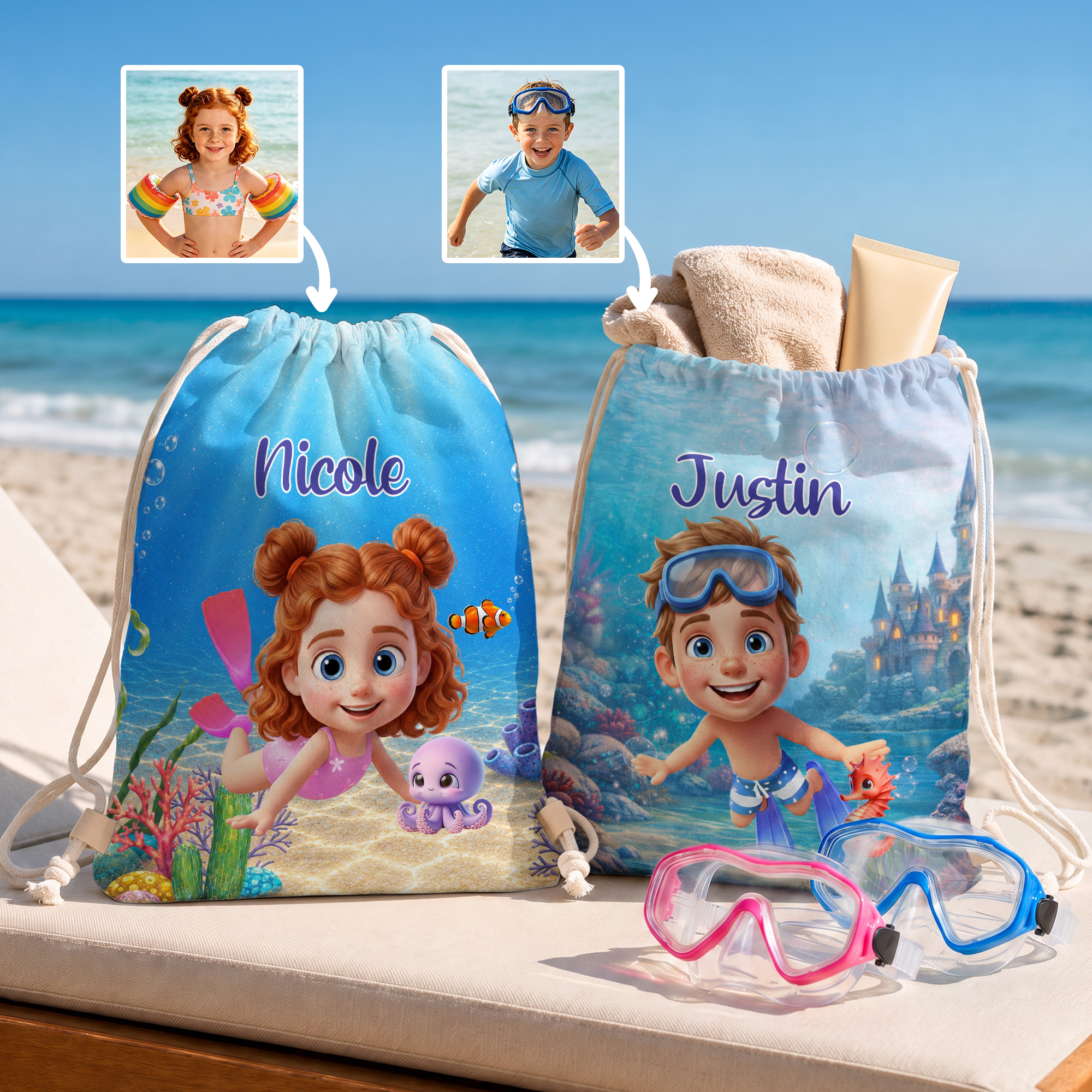 Individuell gestalteter Fotobeutel im 3D-Stil mit Namen – Strandparty, Sommerurlaub, Geburtstagsgeschenk für Jungen und Mädchen, Tauchbegeisterte