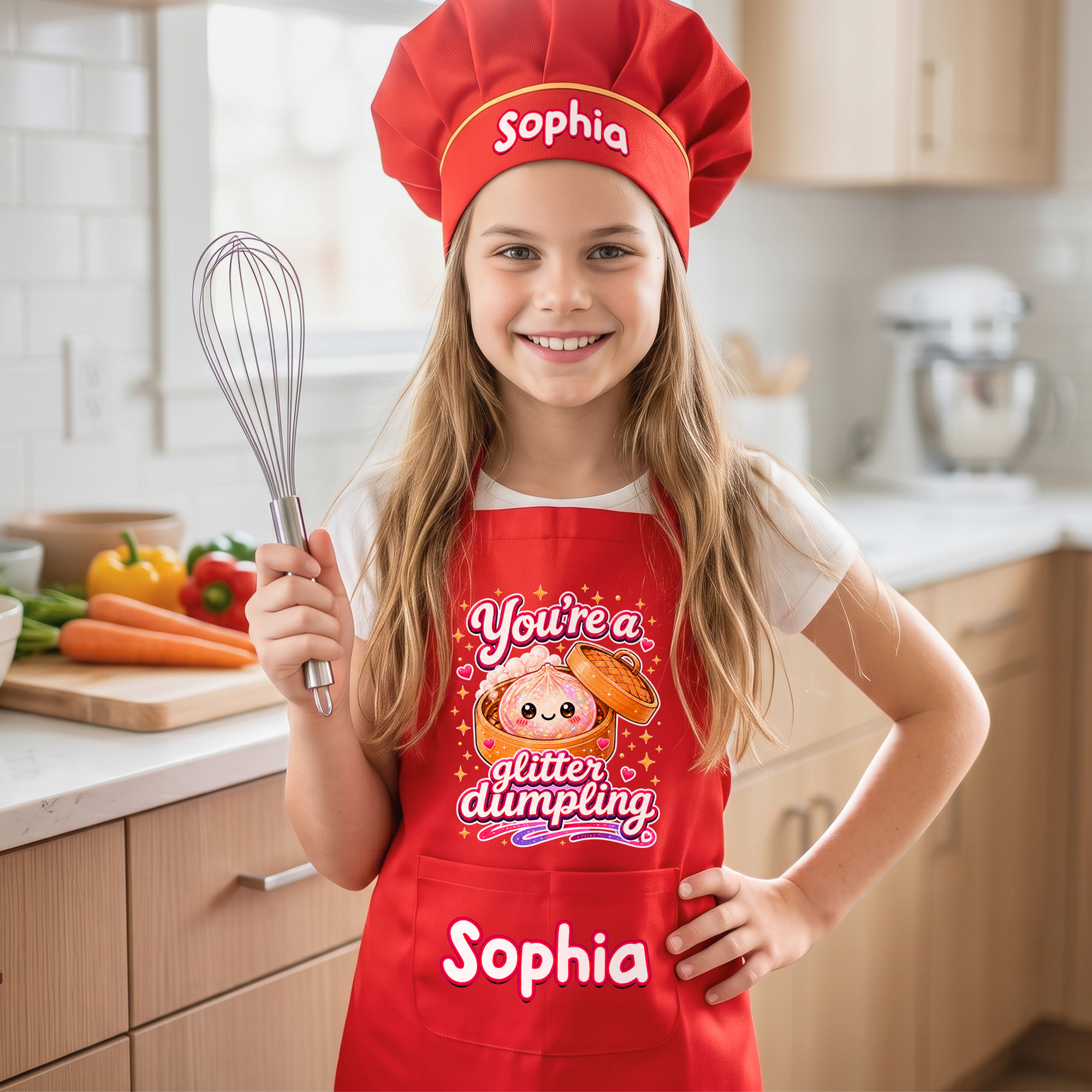 Personalisiertes, niedliches „You're a Glitter Dumpling“-Set aus verstellbarer Kinderschürze und Kochmütze mit Namen und Tasche – Küchen-Geburtstagsgeschenk für Mädchen