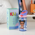 Personalised Cartoon Character Word Cloud 16 oz Water Bottle with Name and Silicone Straw Birthday Back to School Gift for Boys Girls