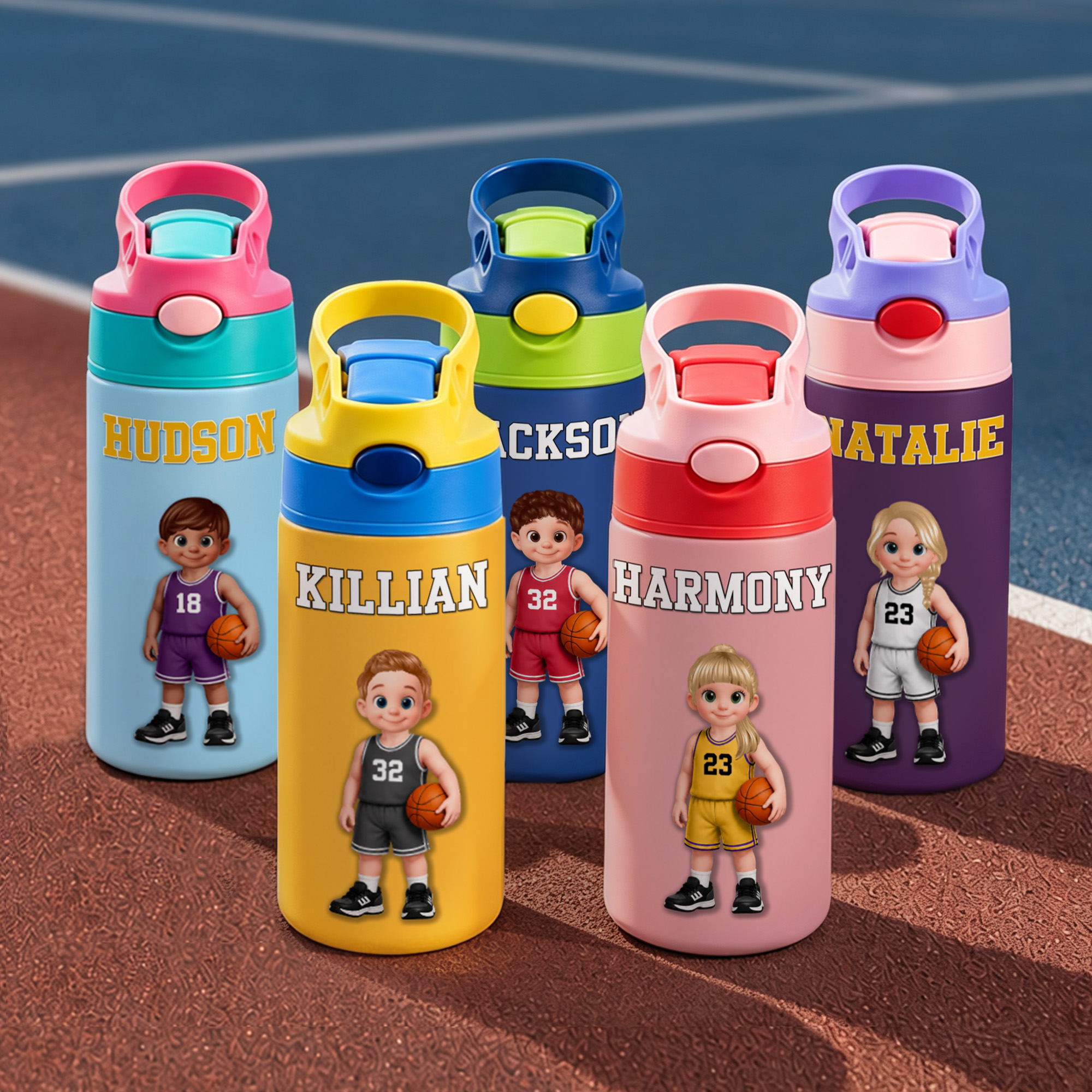 Personalisierte, niedliche Basketball-Cartoon-Figur – 12 oz isolierte Trinkflasche mit Strohhalm und Namensaufdruck – Geschenk zum Schulanfang, Geburtstag oder für das Team – für Kinder