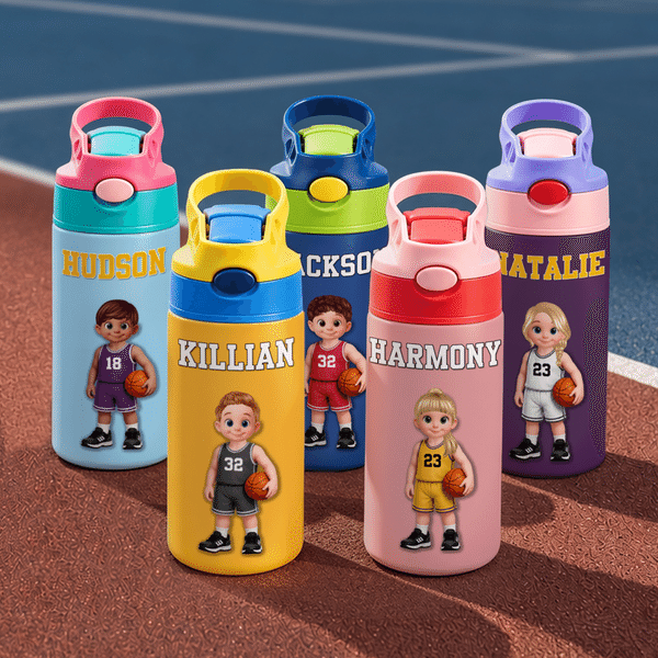 Personalised Cute Basketball Cartoon Character 12 oz Insulated Water Bottle with Straw and Name Back to School Birthday Team Gift for Kid