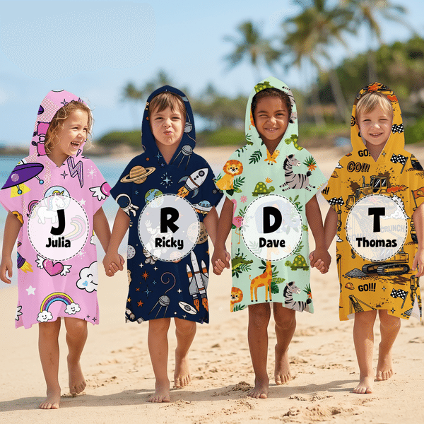 Personalised Mermaid Princess Dinosaur Quick Dry Soft Hooded Beach Towel with Name Beach Swimming Pool Summer Holiday Gift for Kids