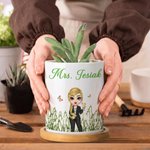 Personalized Cartoon Character Birth Flower Ceramic Plant Pot with Title Surname and Bamboo Base Teacher's Day Back to School Gift for Teachers
