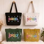 Personalized Heart Flower Oil Painting Style Name Large Corduroy Tote Bag Daily Use Birthday Gift for Women Girls
