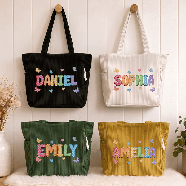 Personalized Heart Flower Oil Painting Style Name Large Corduroy Tote Bag Daily Use Birthday Gift for Women Girls