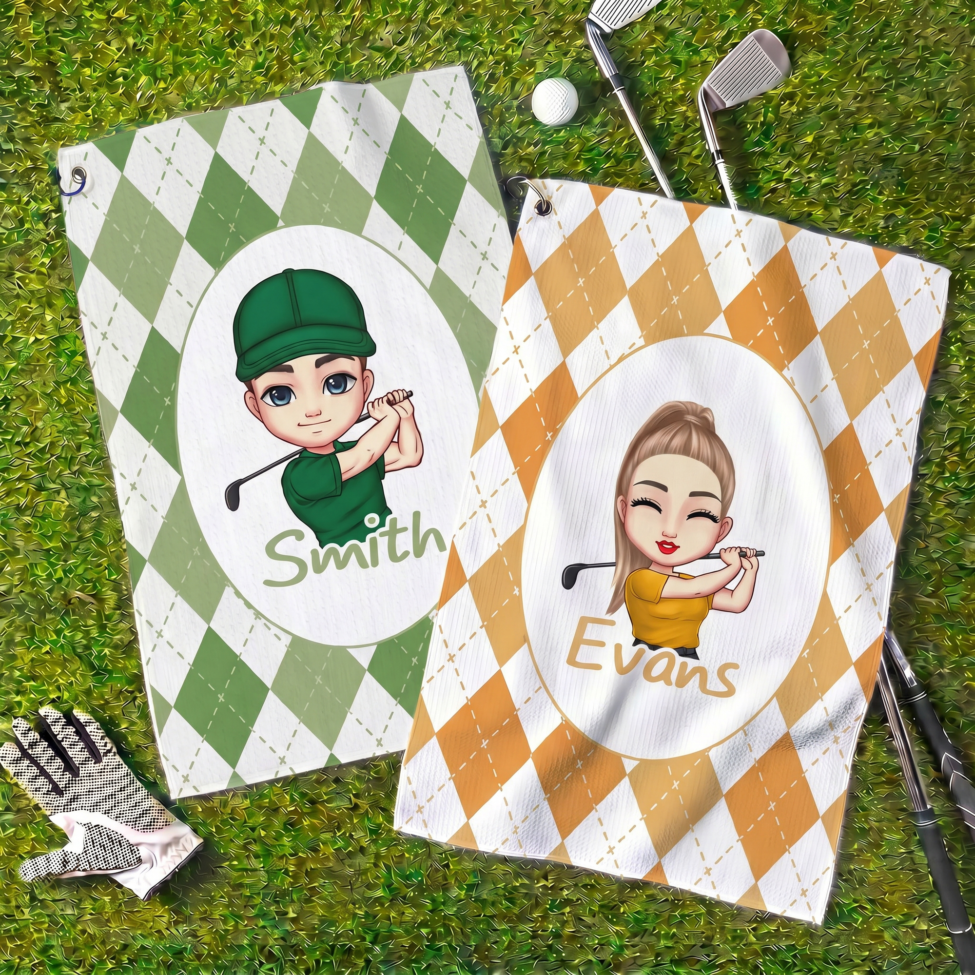 Personalisiertes Sporthandtuch mit Cartoon-Golf-Figur, Namen und Aufhängeklammer – für Outdoor-Aktivitäten, Golfclub und als Geburtstagsgeschenk für Golfbegeisterte