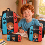 Personalized Colorful Gamepad Cartoon Character Backpack Lunch Bag Pencil Case with Name Back to School Set of 3 Birthday Gift for Kid