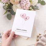 Personalized Twins Hearts Balloon Greeting Card with Names and Initials Baby Announcement Shower Birthday Gift for Newborns New Parents
