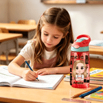 Personalised Cartoon Character Word Cloud 16 oz Water Bottle with Name and Silicone Straw Birthday Back to School Gift for Boys Girls