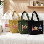 Personalized Heart Flower Oil Painting Style Name Large Corduroy Tote Bag Daily Use Birthday Gift for Women Girls