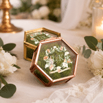 Personalized Floral Crest Hexagon Glass Ring Box with Initial and Moss Ceremony Decor Wedding Anniversary Engagement Gift for Couple