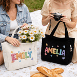 Personalized Heart Flower Oil Painting Style Name Large Corduroy Tote Bag Daily Use Birthday Gift for Women Girls