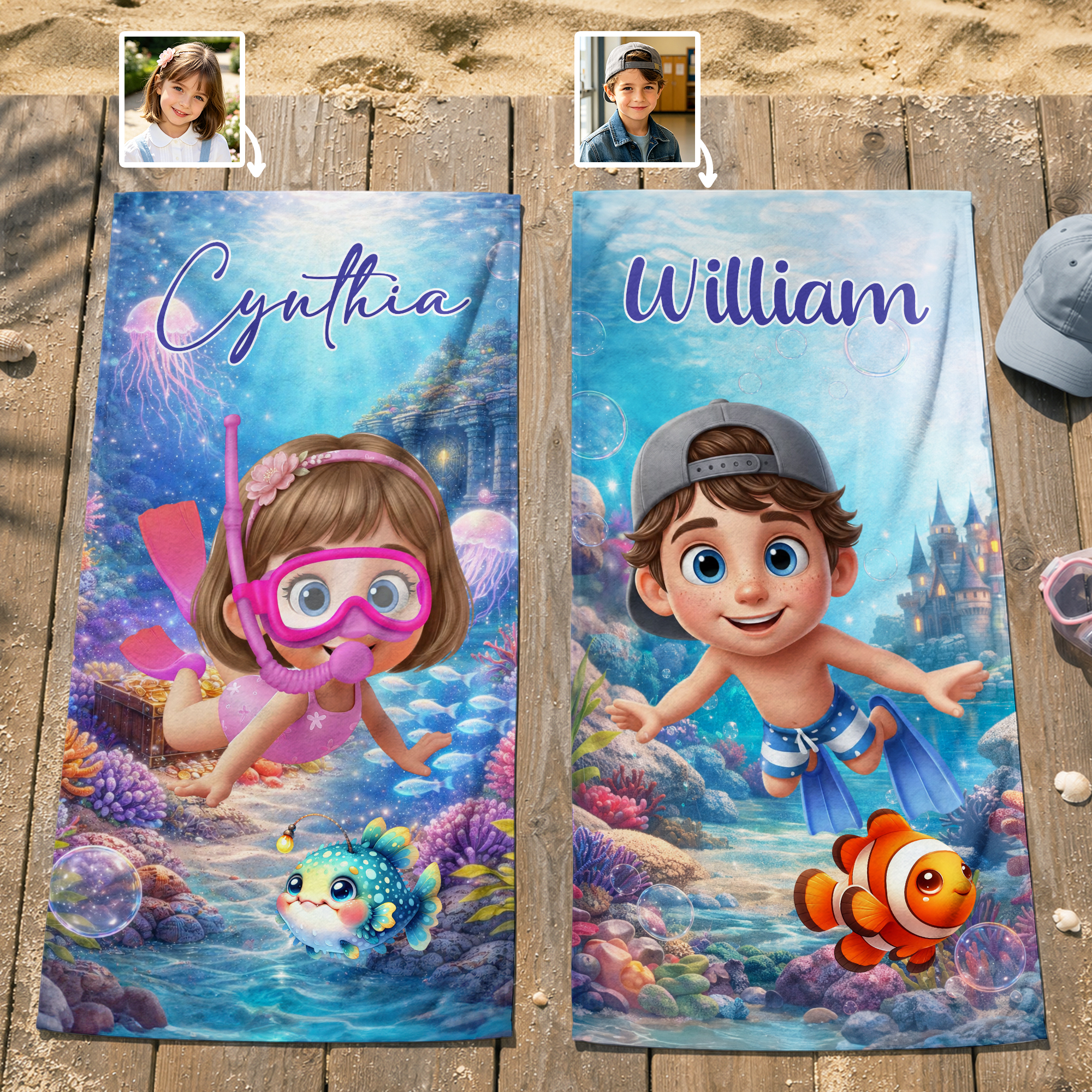 Individuell gestaltetes, übergroßes Strandtuch im 3D-Stil mit Foto und Namen – schnell trocknend – als Geschenk für Strandpartys, Sommerurlaub und Geburtstage für Jungen und Mädchen sowie Tauchbegeist