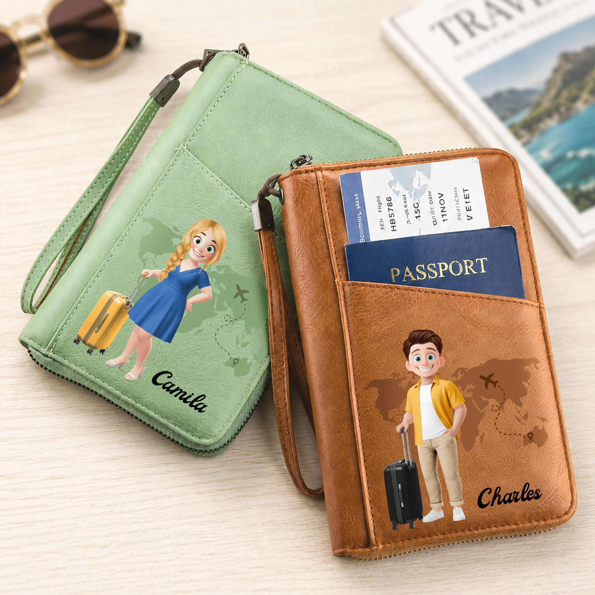 Personalisierte Reisepasshülle aus PU-Leder mit Cartoon-Figur und Weltkarte – mit Namen – als Geschenk für Geschäftsreisen, zum Geburtstag oder für Familie und Freunde