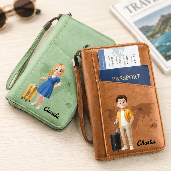 Personalised World Map Cartoon Character PU Leather Passport Holder Wallet with Name Business Travel Birthday Gift for Family Friend